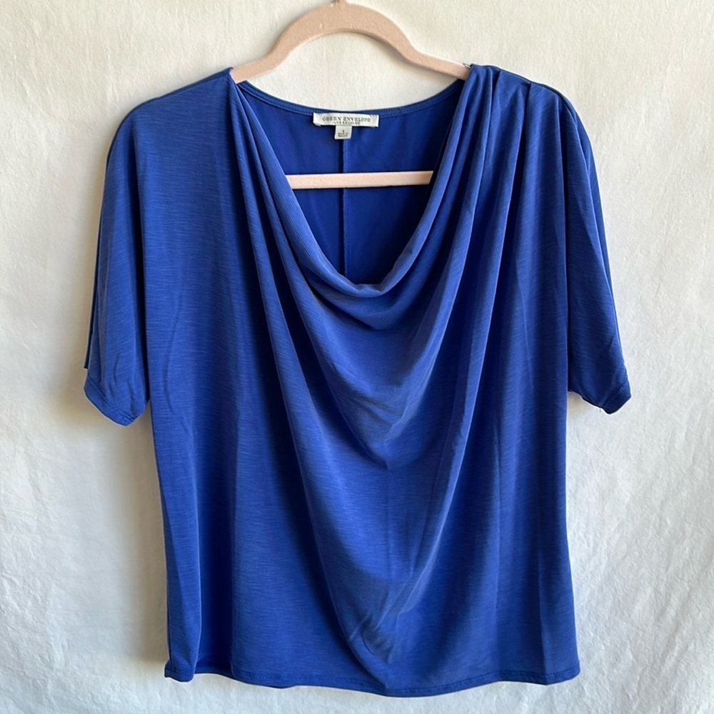 Green Envelope blue cowl neck short sleeve blouse, size L